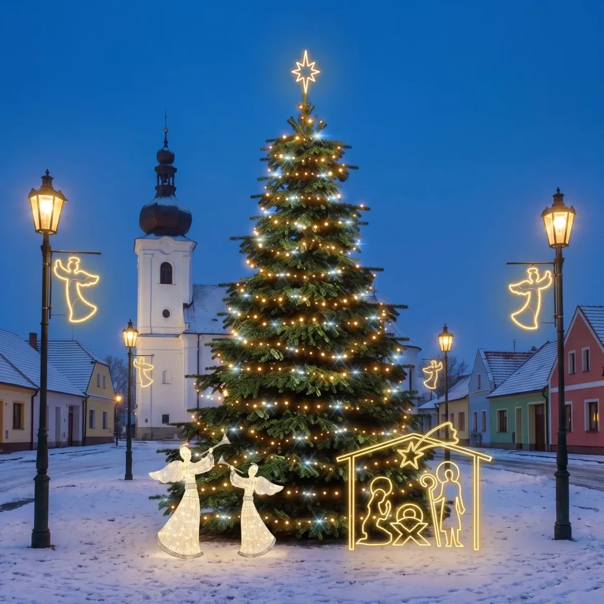 Weihnachtsset für Gemeinden: Engel und Krippe, 6–8 m hoher „Flash“-Weihnachtsbaum, 8× Engel für die Straßenbeleuchtung, 2× 3D-LED-Engel (122 cm), Krippe (162 × 172 cm), warmweiß