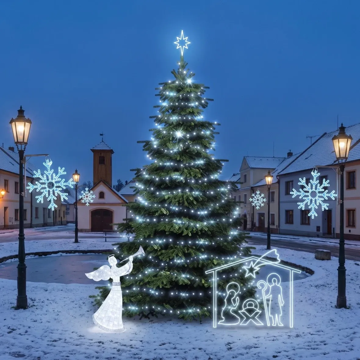 Weihnachtsset für Gemeinden: Eiskristall X und Krippe, Baum 6–8 m „Flash“, 3D-LED-Engel 122 cm, Krippe 162 × 172 cm, eisweiß