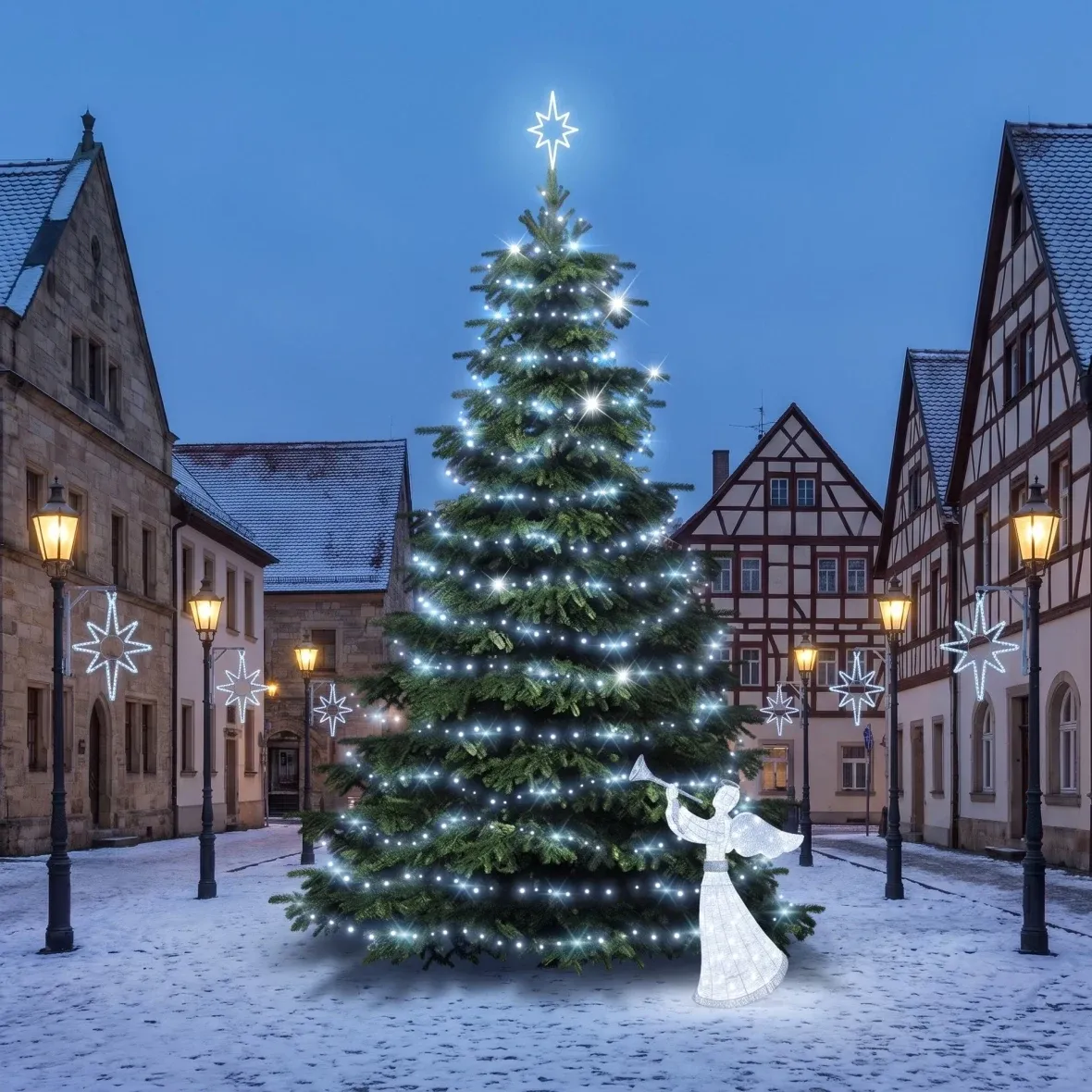 Weihnachtsset für Gemeinden: Großer LED-Stern, Baum 6–8 m „Flash“, 12× Stern für die Straßenbeleuchtung, 3D-LED-Engel 122 cm, eisweiß