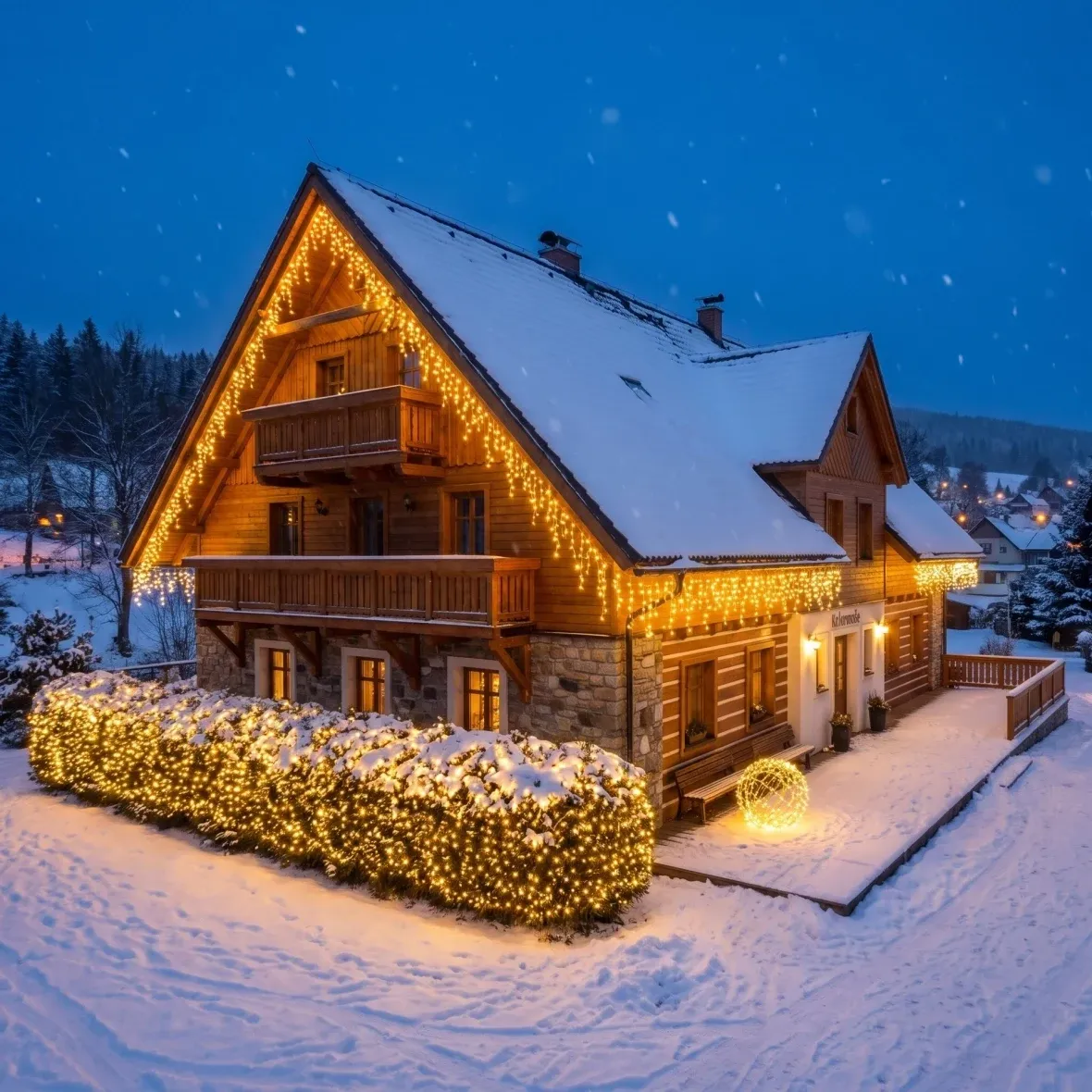 Weihnachtsset für Hotels „Glitzernde Fassade“, 8 × Eiszapfen 3 m (mit Blinkfunktion), 1 × Lichterkette 20 m (mit Blinkfunktion), 3D-LED-Kugel Ø 60 cm, warmweiß mit Blinkfunktion
