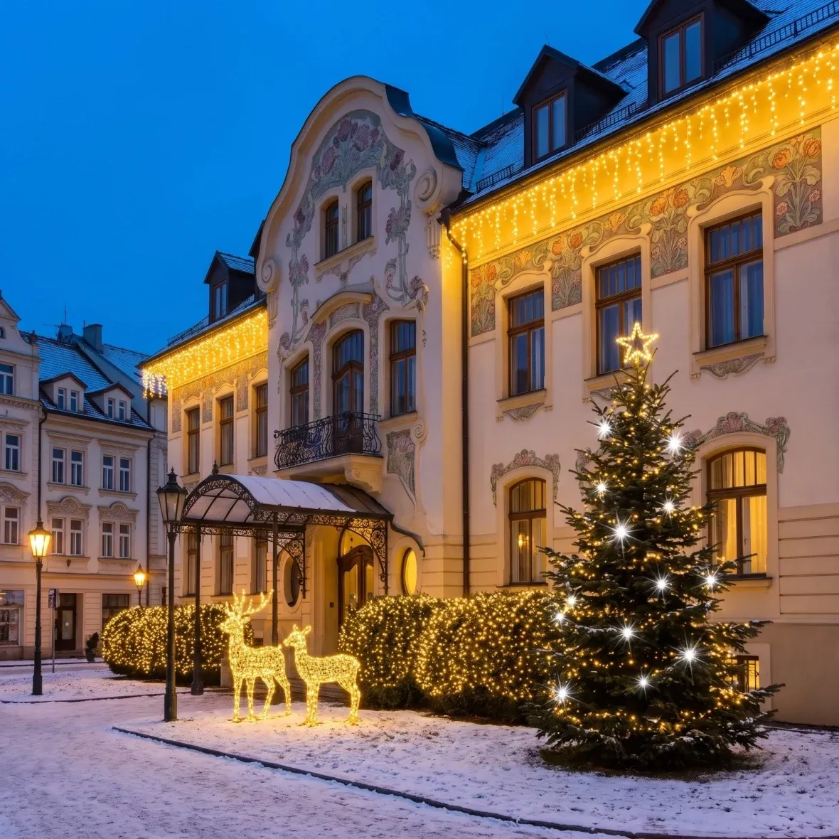 Weihnachtsset für Hotels: Funkelnde Fassade mit Weihnachtsbaum, 3–5 m hoher Weihnachtsbaum mit Blitzlicht, 3D-LED-Hirsch und Hirschkuh (150 cm), warmweiß mit Blitzlicht