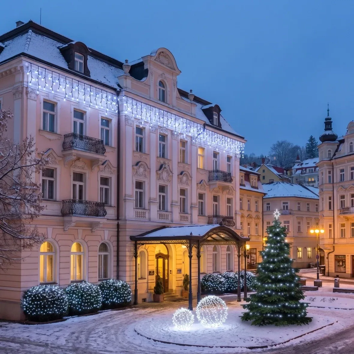 Weihnachtsset für Hotels „Eisfassade mit Baum“, Baum 3–5 m, 6× Eiszapfen 3 m, 5× Lichterkette 20 m, 3D-LED-Kugel Ø 60 cm, 3D-LED-Kugel Ø 80 cm, eisweiß