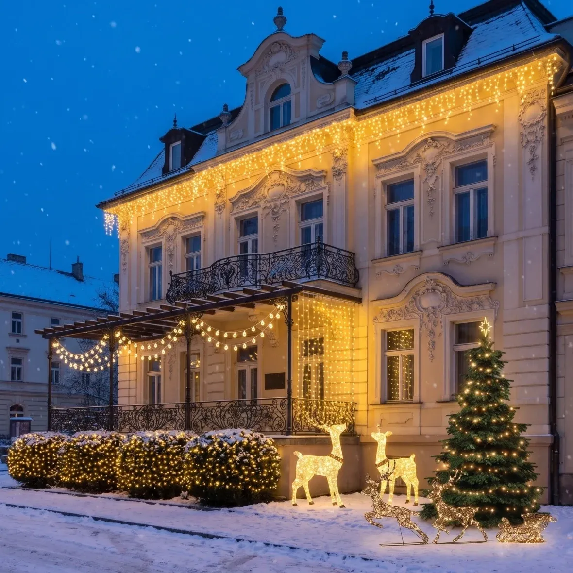Weihnachtsset für Hotels: Garten und Eingangsbereich, Baum 3–5 m, 5× Eiszapfen 3 m, 3D-LED-Hirsch und Hirschkuh 150 cm, 3D-LED-Hirsche mit Schlitten 180 cm, warmweiß