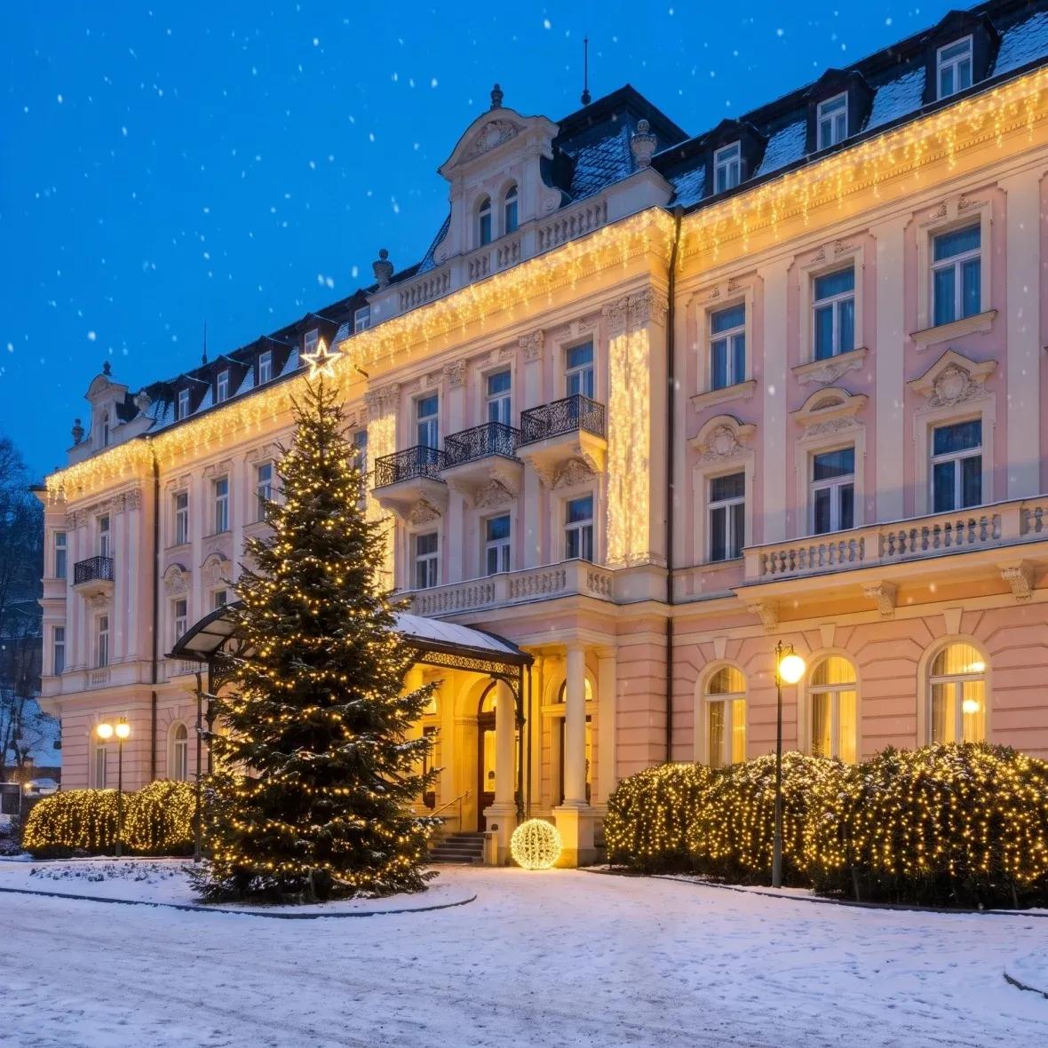Weihnachtsset für Resort-Hotels, Baum 6–8 m, 20 × Eiszapfen 3 m, 7 × Lichterkette 20 m, 1 × Aufhängung 1 × 8 m, 3D-LED-Kugel Ø 60 cm, warmweiß