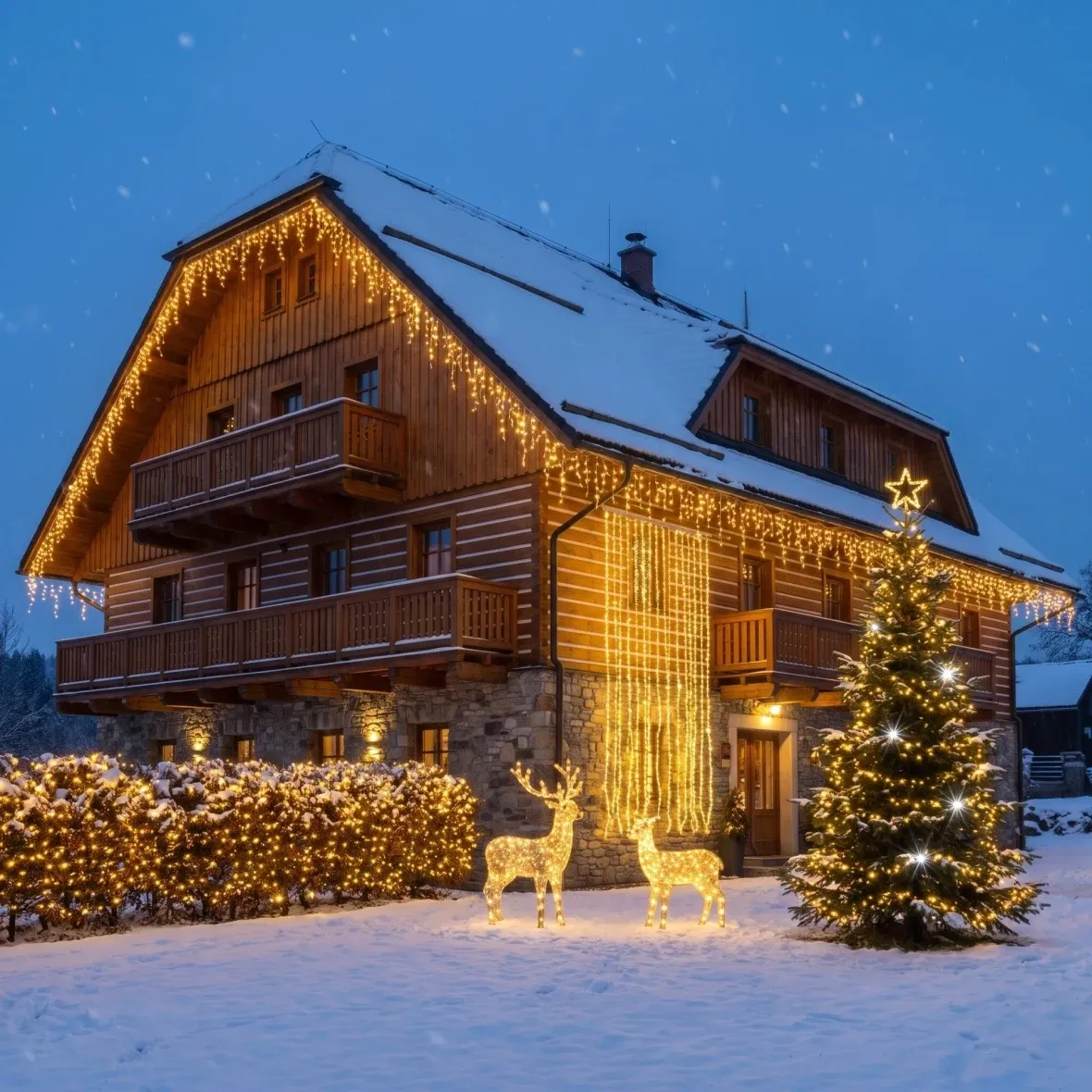 Weihnachtsset für Hotels: „Resort Flash“, Weihnachtsbaum 6–8 m „Flash“, 12× Eiszapfen 3 m „Flash“, 3D-LED-Hirsch und Hirschkuh 150 cm, warmweiß mit „Flash“