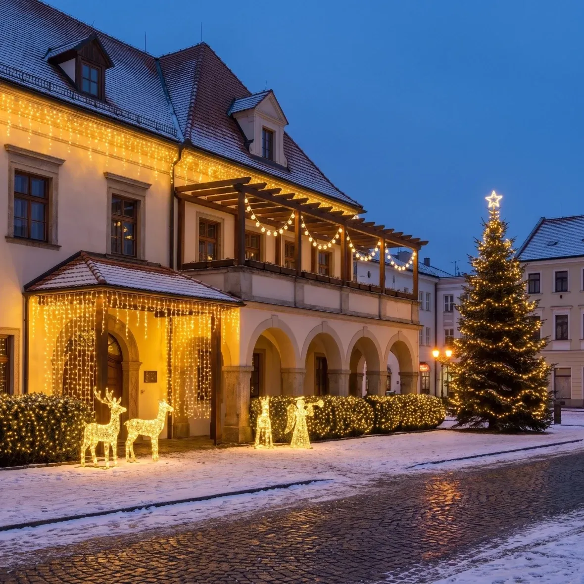 Weihnachtsset für Hotels: Großer Eingangsbereich und Garten, Baum 6–8 m, 3D-LED-Hirsch und Hirschkuh 150 cm, 3D-LED-Engel 122 cm, warmweiß