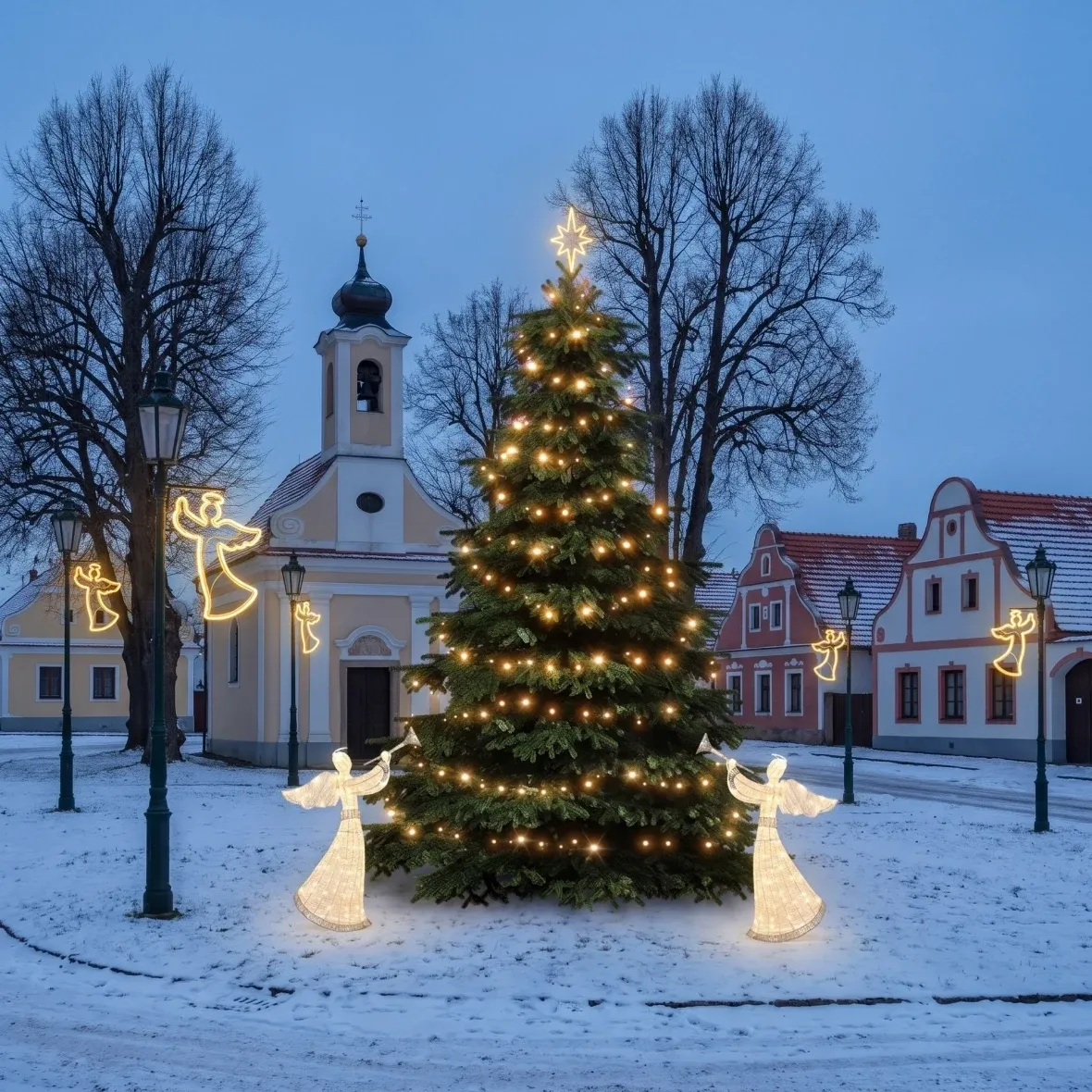 Weihnachtsset für Gemeinden: Engel, Baum 3–5 m, 6× Engel für die Straßenbeleuchtung, 2× 3D-LED-Engel 122 cm, warmweiß