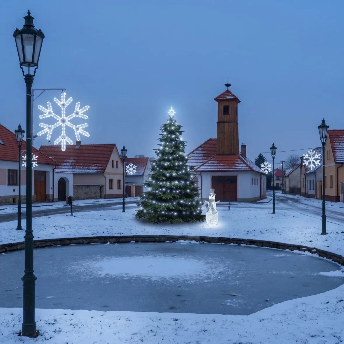 Weihnachtsset für Gemeinden „Eisflocke V“, Baum 3–5 m, 8× „Eisflocke V“ für die Straßenbeleuchtung, 3D-LED-Schneemann 107 cm, eisweiß