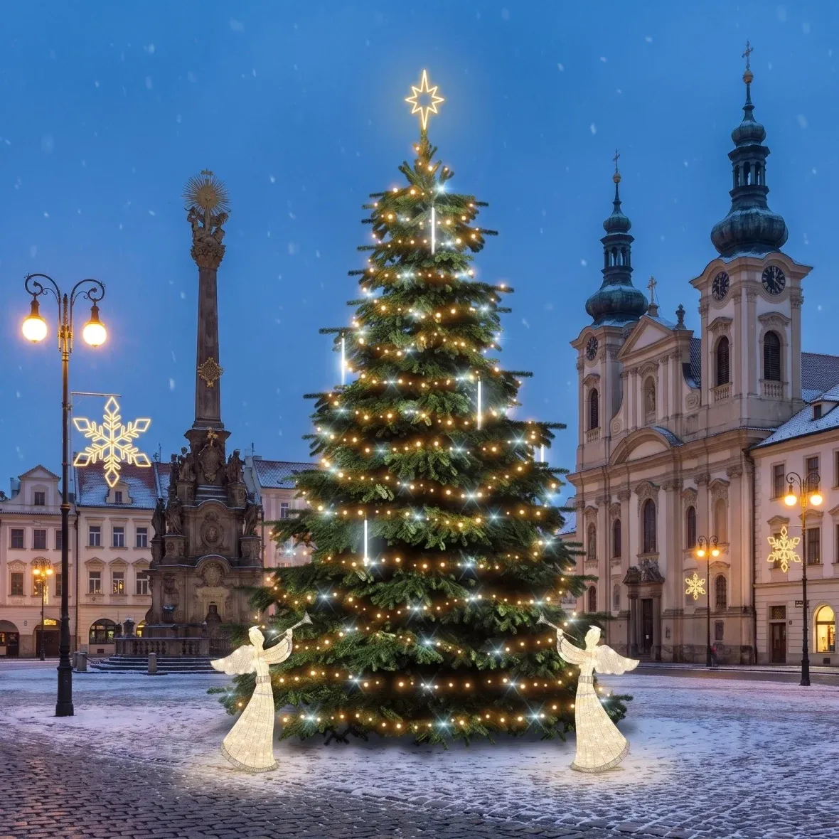 Weihnachtsset für Gemeinden: Schneeflocke XI in Gold, Baum 6–8 m „Flash“ mit fallendem Schnee, 8× Schneeflocke XI für die Straßenbeleuchtung, 2× 3D-LED-Engel 122 cm, warmweiß