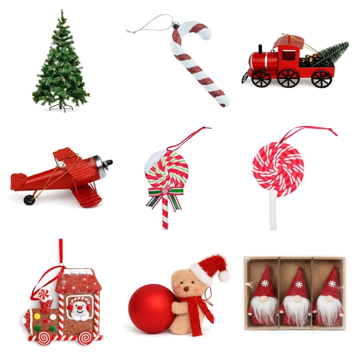 Weihnachtsset „Kinderbaum“, künstlicher Weihnachtsbaum, 180 cm, mit Lebkuchen, Lutschern und einer Tasche