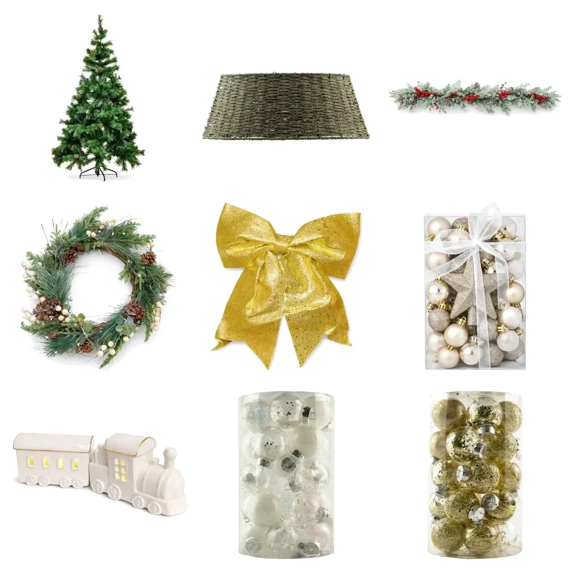 Weihnachtsset „Weihnachtsbaum komplett“: 180 cm hoher Kunstbaum mit Christbaumschmuck, Girlande und Kranz
