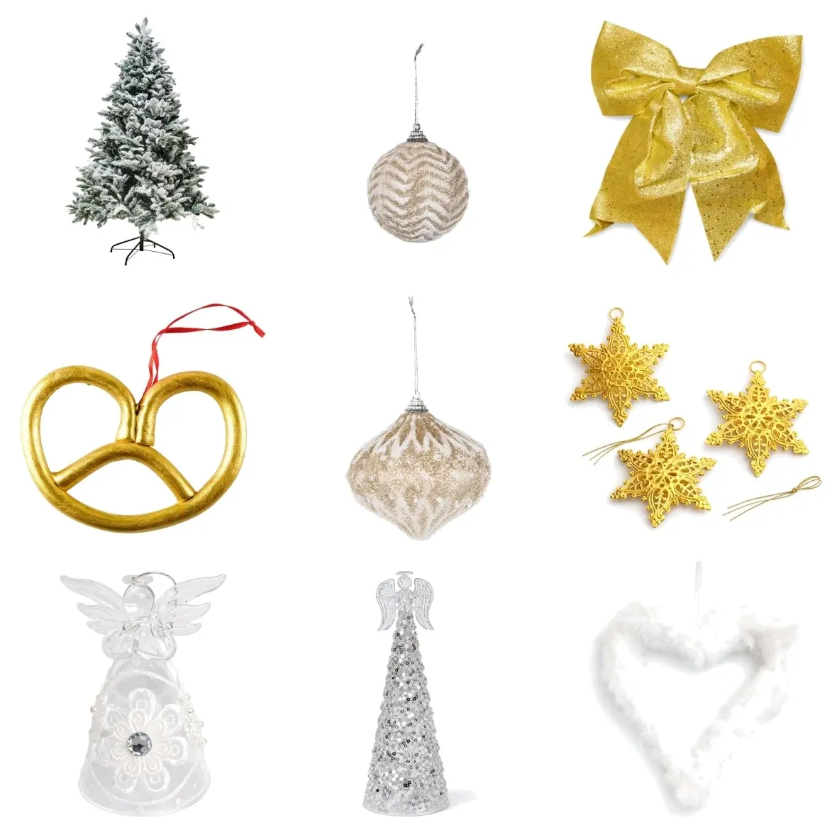 Weihnachtsset „Verschneiter Baum“, Kunstbaum 180 cm mit weißem und goldenem Schmuck und Tragetasche