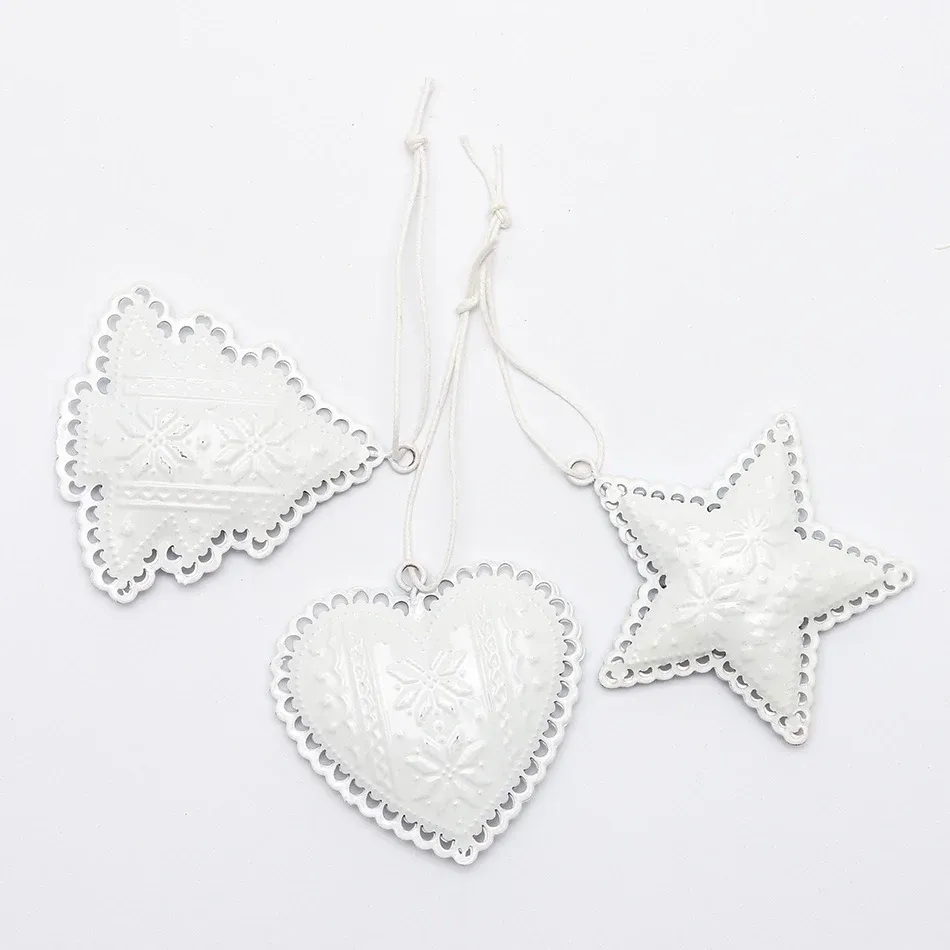 Christbaumschmuck Metall 7 cm, Stern, Herz, Baum, weiß, 3er-Pack