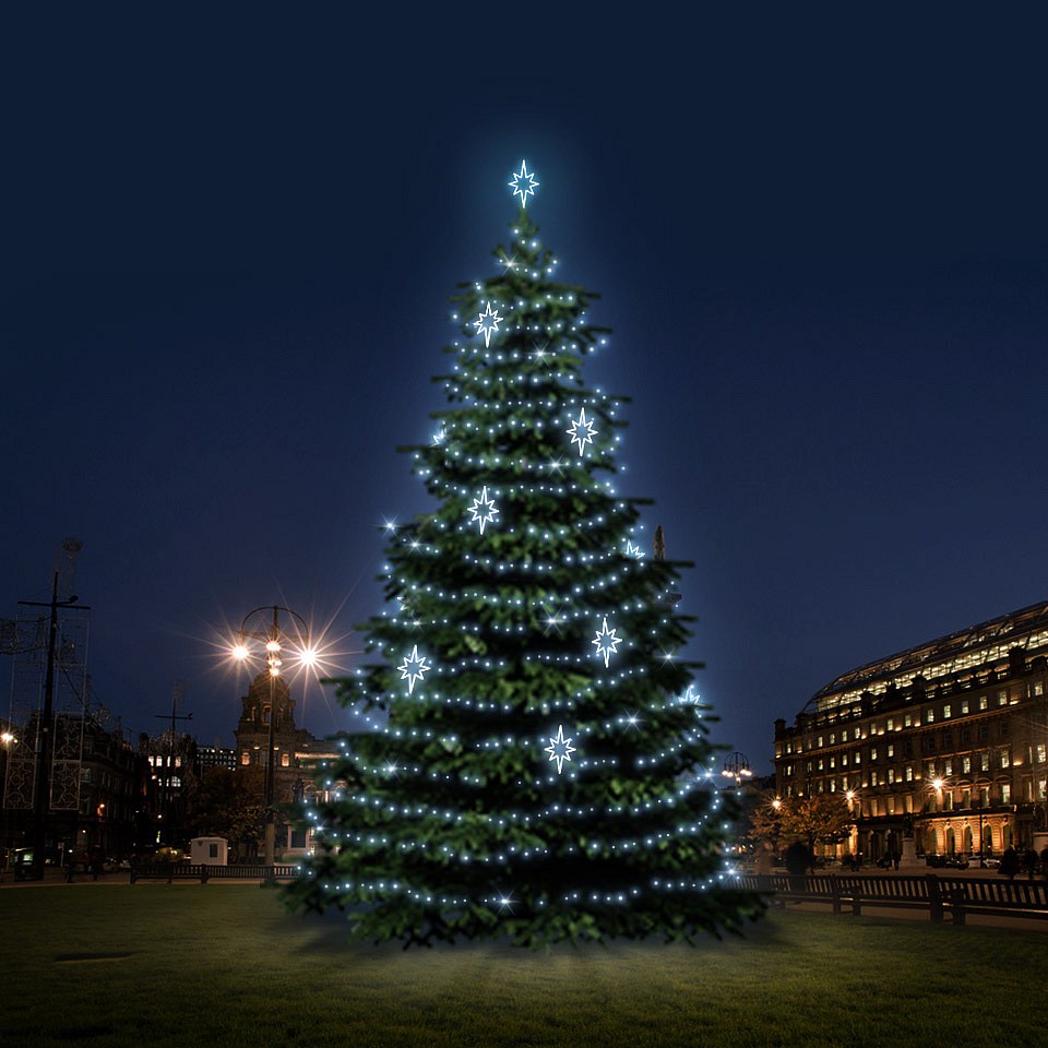 LED-Lichtset für Weihnachtsbäume 12-14 m hoch, eisweiß mit Dekoren DZ141S3