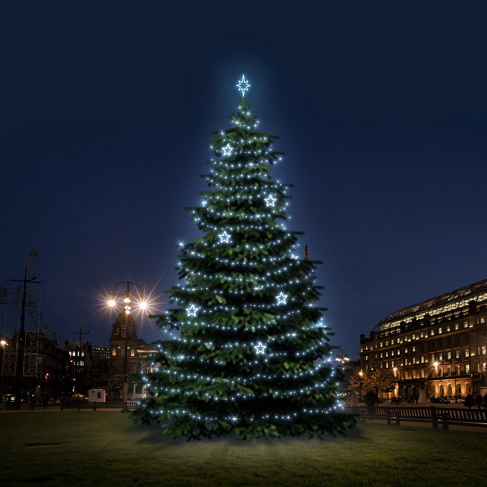 LED-Lichtset für Weihnachtsbäume 12-14 m hoch, eisweiß mit EFD11-Dekoren