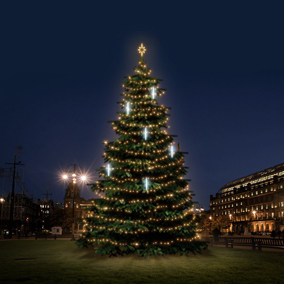 LED-Lichtset für Weihnachtsbäume 15-17 m hoch, Warmweiß, mit fallendem Schnee